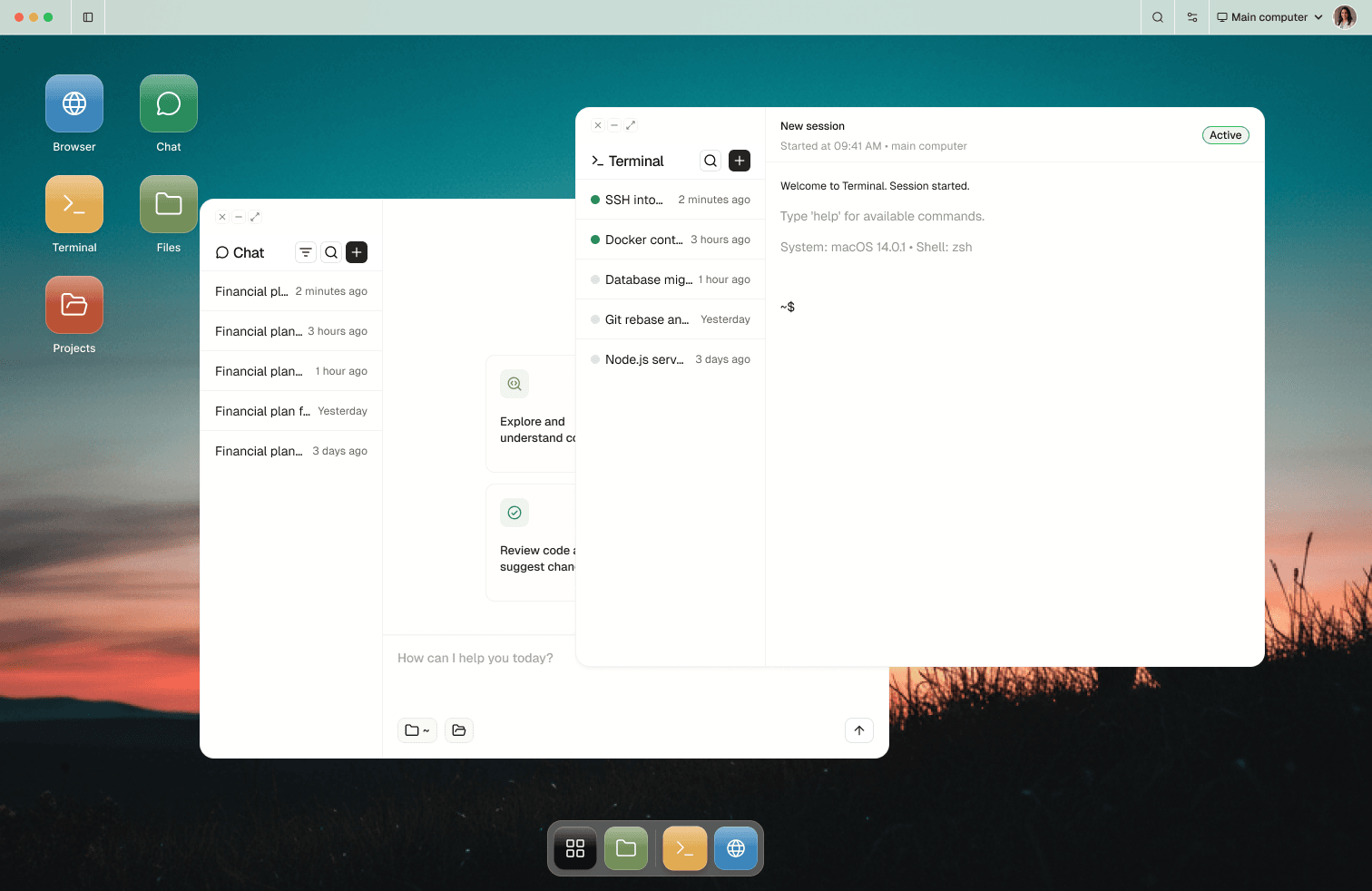 Matrix product mockup with Chat and Terminal open